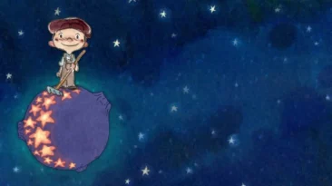 Scene from La Luna animated short showing boy on the moon with magical stars