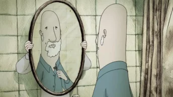 Still from The Employment 2008 showing surreal office work in animated form