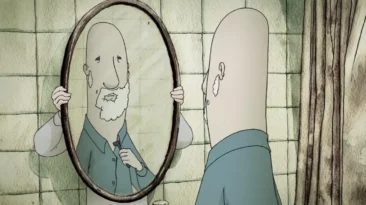 Still from The Employment 2008 showing surreal office work in animated form