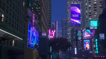Identity Crisis 2020 futuristic cityscape scene with neon lights and mysterious characters