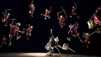 Hidari 2023 stop-motion scene with samurai hero in dynamic handcrafted animation battle