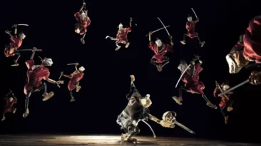 Hidari 2023 stop-motion scene with samurai hero in dynamic handcrafted animation battle