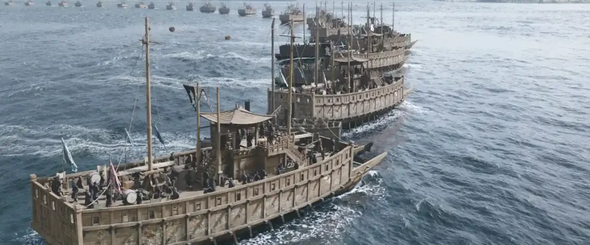 Scene from Hansan: Rising Dragon (2022) showcasing a naval battle led by Admiral Yi Sun-sin